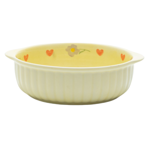 Vintage Floral Ceramic Bowl & Plate Set – Yellow Glazed Stoneware with Heart & Daisy Motifs, 4-Piece Retro Dinnerware Collection