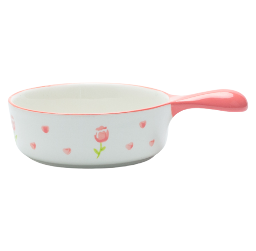 Cute Ceramic Bowl with Handle – Pink Floral Heart Pattern – Microwave & Dishwasher Safe