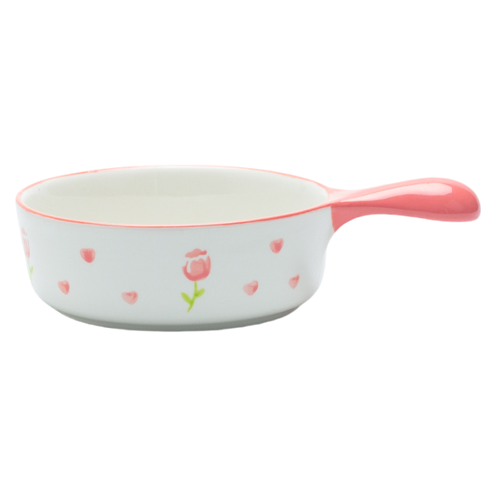 Cute Ceramic Bowl with Handle – Pink Floral Heart Pattern – Microwave & Dishwasher Safe