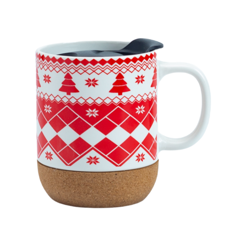 14oz Christmas Ceramic Mug with Cork Base, Lid & Assorted Holiday Designs for Seasonal Gifting