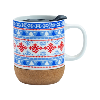 14oz Christmas Ceramic Mug with Cork Base, Lid & Assorted Holiday Designs for Seasonal Gifting