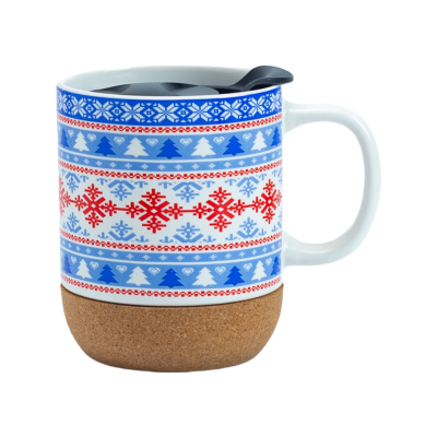 14oz Christmas Ceramic Mug with Cork Base, Lid & Assorted Holiday Designs for Seasonal Gifting