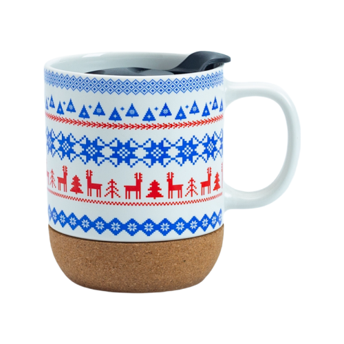 14oz Christmas Ceramic Mug with Cork Base, Lid & Assorted Holiday Designs for Seasonal Gifting