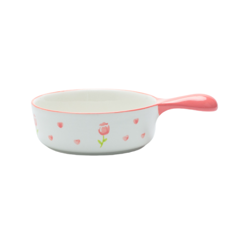 Cute Ceramic Bowl with Handle – Pink Floral Heart Pattern – Microwave & Dishwasher Safe