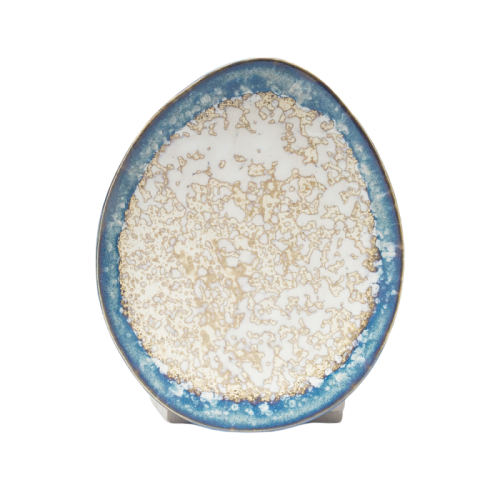 Handmade Irregular Oval Stoneware Plates | Reactive Glaze Blue Edge