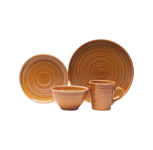 Vintage Caramel Brown Stoneware 4-Piece Set | Textured Ring Dinnerware