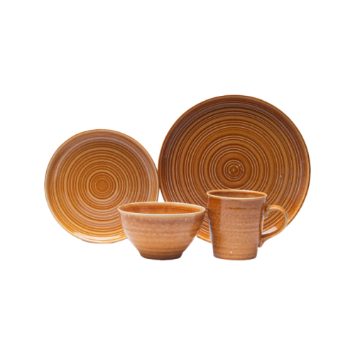 Vintage Caramel Brown Stoneware 4-Piece Set | Textured Ring Dinnerware