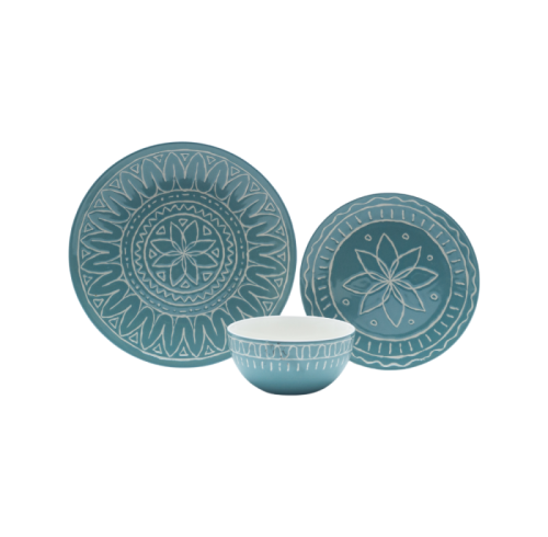 Boho Style Hand-Painted Ceramic Dinnerware Set – 3 Piece (Green & White)