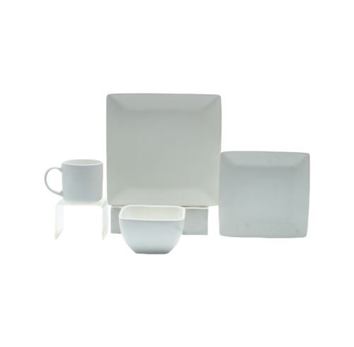 Minimalist White Square Ceramic Dinnerware Set – 4-Piece Modern Porcelain Plates, Bowl & Mug for Home or Restaurant
