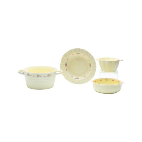 Vintage Floral Yellow Glazed Stoneware Bowl & Plate Set: Heart Daisy Motifs, 4-Piece Retro Dinnerware