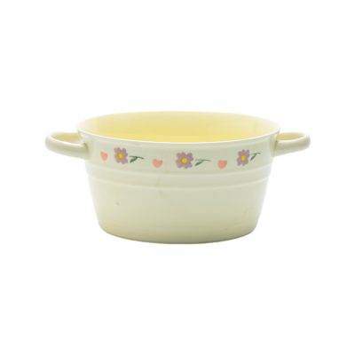 Vintage Floral Ceramic Bowl & Plate Set – Yellow Glazed Stoneware with Heart & Daisy Motifs, 4-Piece Retro Dinnerware Collection