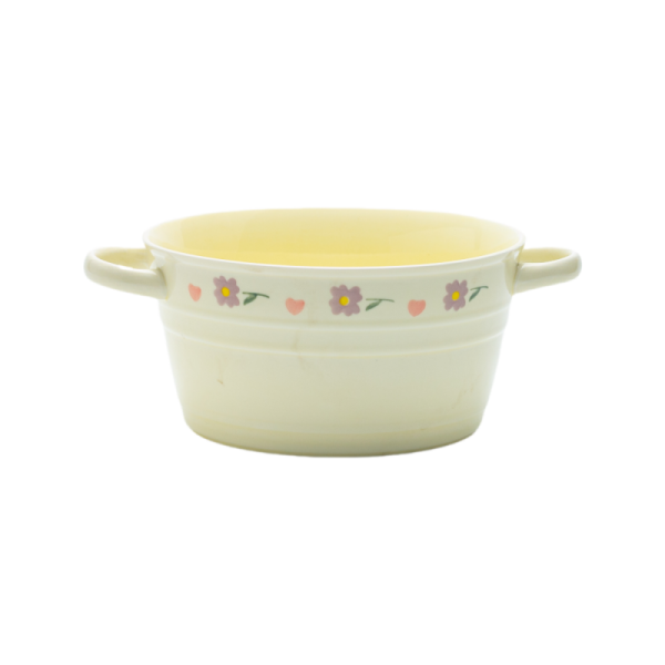 Vintage Floral Yellow Glazed Stoneware Bowl & Plate Set: Heart Daisy Motifs, 4-Piece Retro Dinnerware