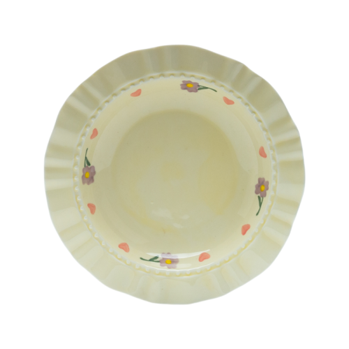 Vintage Floral Yellow Glazed Stoneware Bowl & Plate Set: Heart Daisy Motifs, 4-Piece Retro Dinnerware