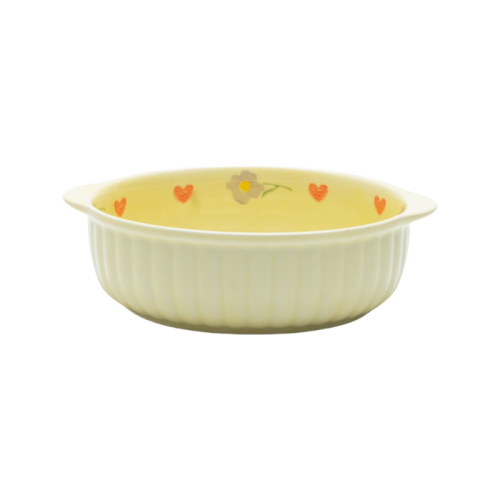 Vintage Floral Yellow Glazed Stoneware Bowl & Plate Set: Heart Daisy Motifs, 4-Piece Retro Dinnerware