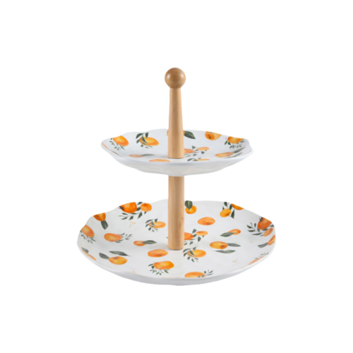INS Style Two-Layer Cake Stand – Lemon & Orange Ceramic Plates with Wooden Handle
