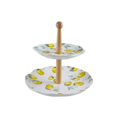 INS Style Two-Layer Cake Stand | Lemon & Orange Ceramic Plates with Wooden Handle