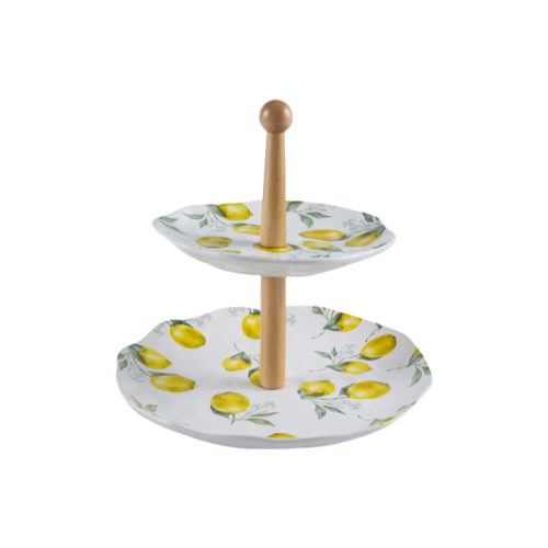 INS Style Two-Layer Cake Stand – Lemon & Orange Ceramic Plates with Wooden Handle