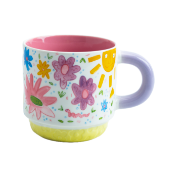 Stackable Ceramic Tea Cups & Coffee Mugs | Cute Cartoon Hand-Painted Colorful Safe Kids' Cup Set