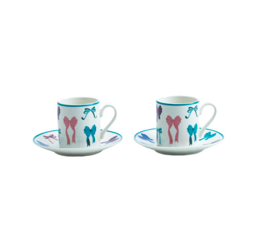 Ceramic Coffee Cup with Saucer – Colorful Bowknot Pattern Espresso Set for Home, Café & Gift
