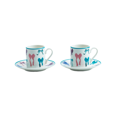 Ceramic Coffee Cup with Saucer – Colorful Bowknot Pattern Espresso Set for Home, Café & Gift