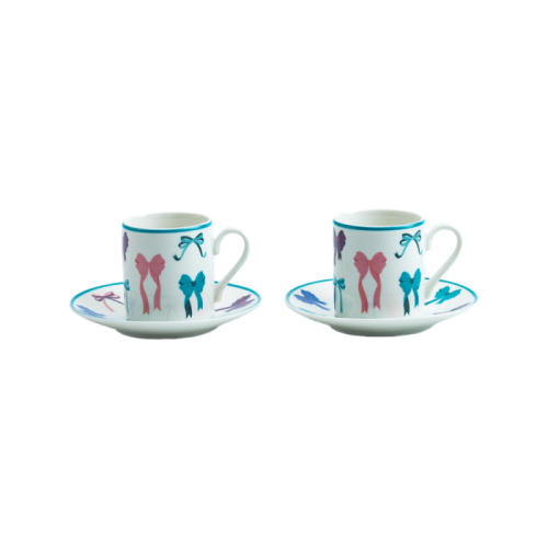 Ceramic Coffee Cup with Saucer – Colorful Bowknot Pattern Espresso Set for Home, Café & Gift