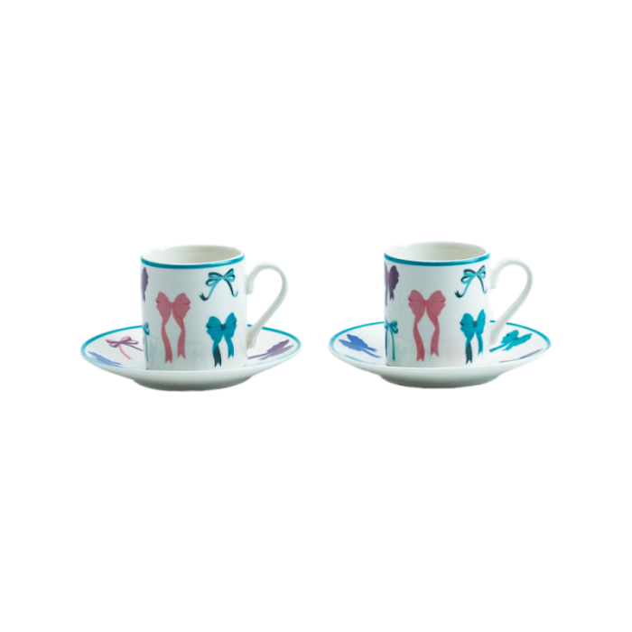 Ceramic Coffee Cup with Saucer – Colorful Bowknot Pattern Espresso Set for Home, Café & Gift