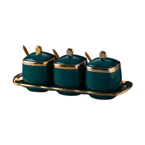 Luxury Ceramic Spice Jar Set | Modern 3-Piece Seasoning Containers with Lids & Spoons