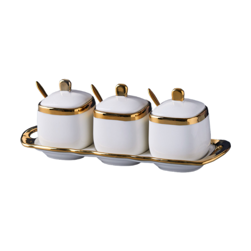 Luxury Ceramic Spice Jar Set | Modern 3-Piece Seasoning Containers with Lids & Spoons