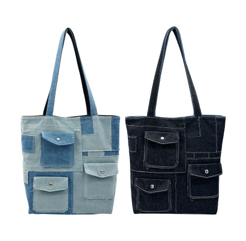 Patchwork Custom Denim Bag – Reversible Fashion Tote with Multiple Snap Pockets