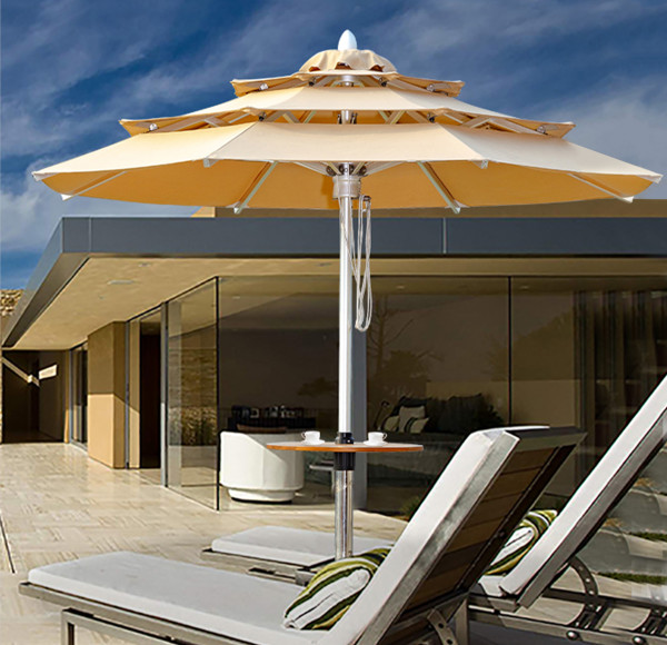 Multi-Tier Aluminum Pagoda Style Patio Shade with Center Pole Design and Built-In Table for Commercial Use
