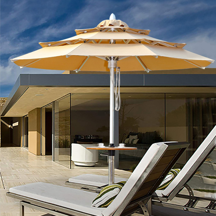 Multi-Tier Aluminum Pagoda Style Patio Shade with Center Pole Design and Built-In Table for Commercial Use