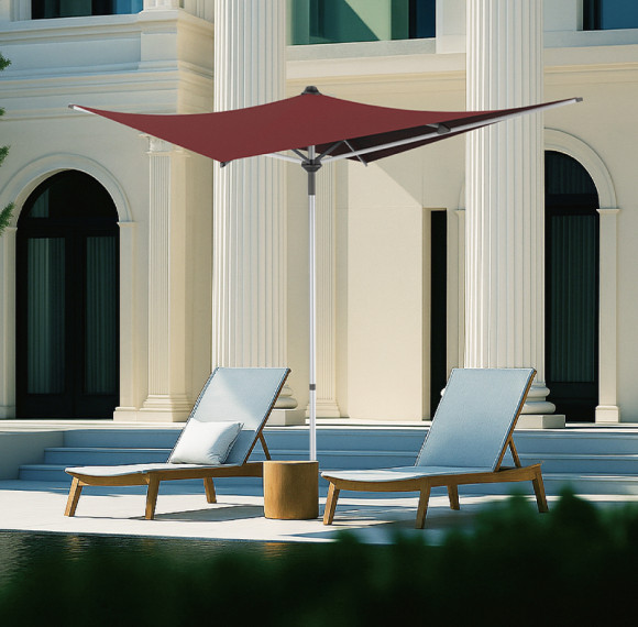 Modern Square Push-Up Patio Umbrella with Aluminum Pole, 4 Ribs and Unique Asymmetrical Canopy Design | patio umbrella 4 ribs push-up