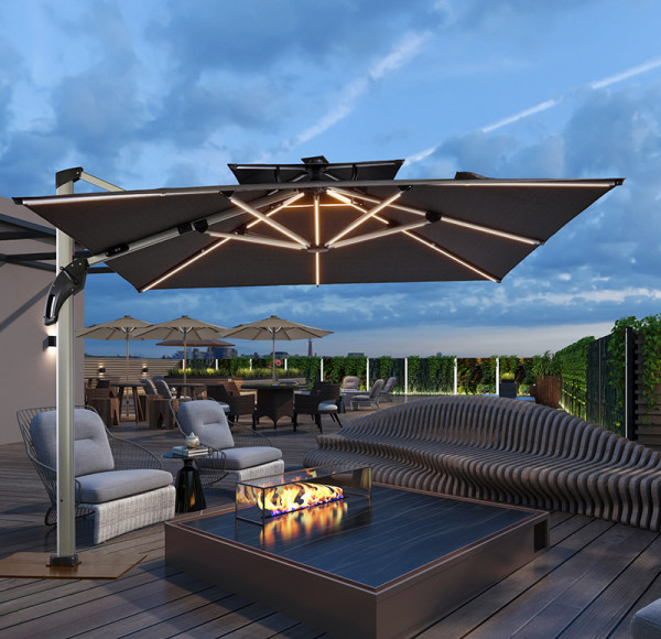 Solar-Powered Cantilever Umbrella with Integrated LED Ribs and 360° Rotation, UV80 Fabric | Commercial shade umbrella