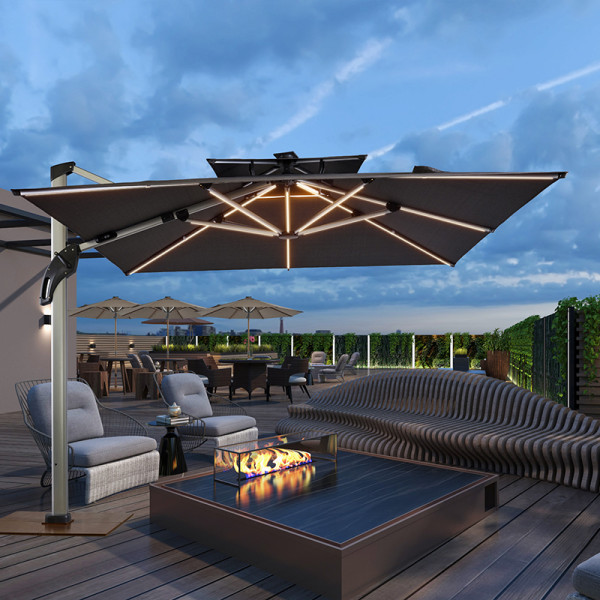 Solar-Powered Cantilever Umbrella with Integrated LED Ribs and 360° Rotation, UV80 Fabric | Commercial shade umbrella