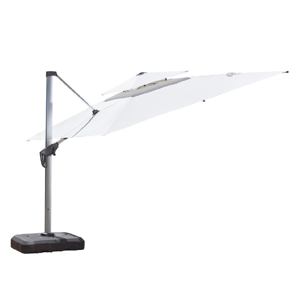 Modern offset patio umbrella with solar LED lights | heavy duty outdoor shade umbrella