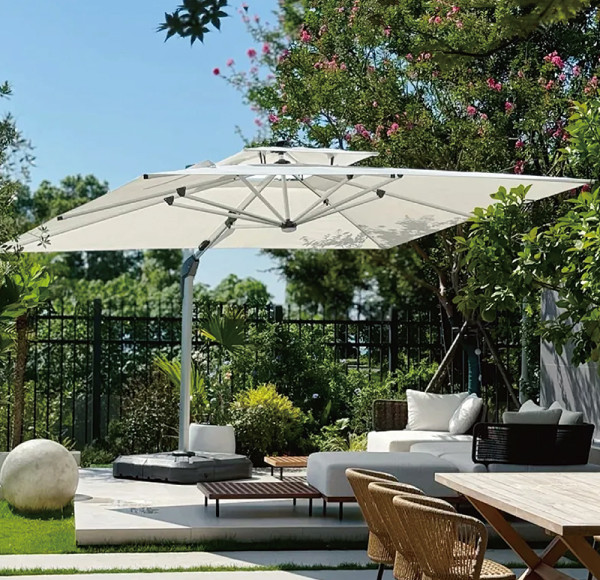 Modern offset patio umbrella with solar LED lights | heavy duty outdoor shade umbrella