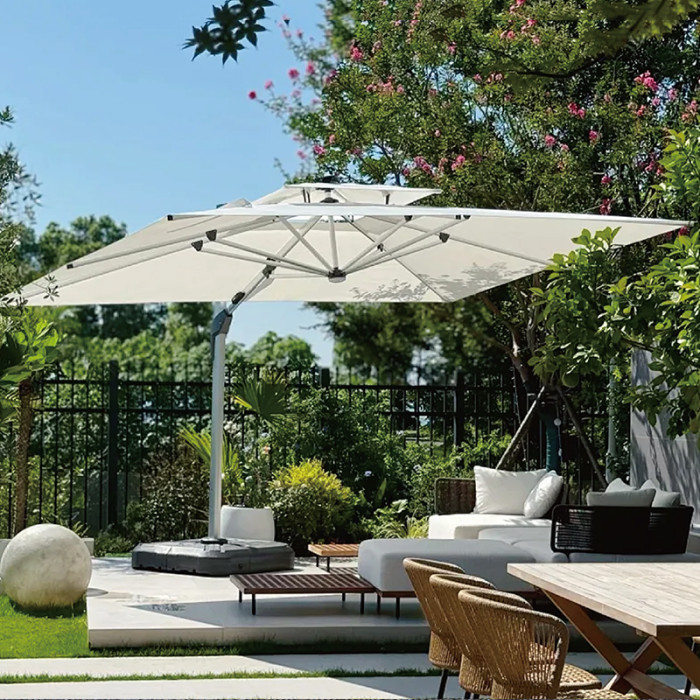 Modern offset patio umbrella with solar LED lights | heavy duty outdoor shade umbrella