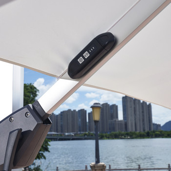 Modern offset patio umbrella with solar LED lights | heavy duty outdoor shade umbrella