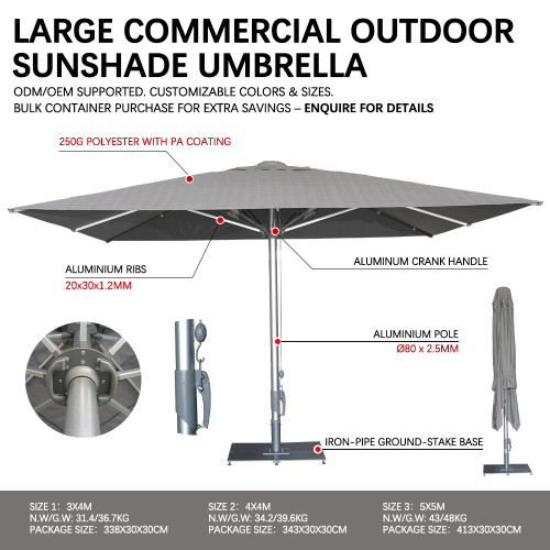 Commercial Large Outdoor Umbrella: 3*4M/4*4M/5*5M, Gas Spring-Assisted Opening, ODM/OEM & Customizable Sizes/Colors