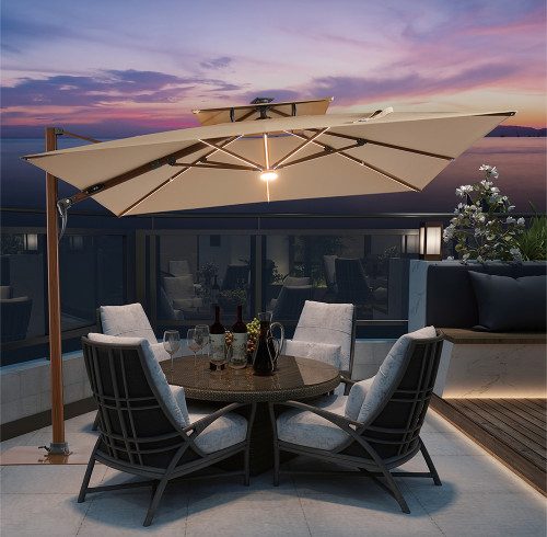 Wind-Resistant Waterproof Outdoor Patio Umbrella | Aluminum Material Solar LED Light 360° Rotating Tilted Canopy | For Garden Balcony Commercial Terrace