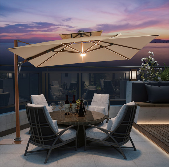 Wind-Resistant Waterproof Outdoor Patio Umbrella | Aluminum Material Solar LED Light 360° Rotating Tilted Canopy | For Garden Balcony Commercial Terrace
