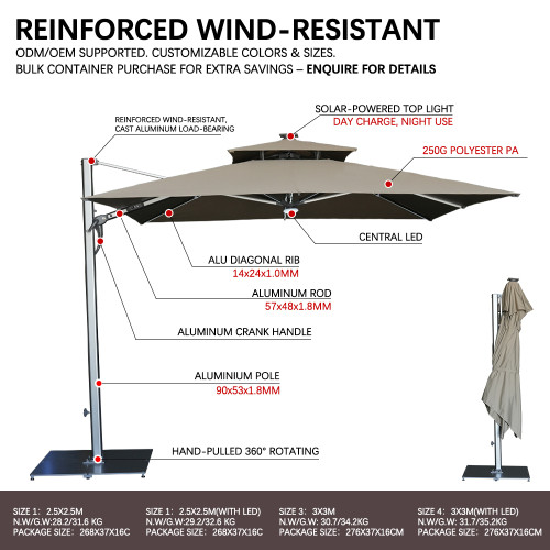 Wind-Resistant Waterproof Outdoor Patio Umbrella | Aluminum Material Solar LED Light 360° Rotating Tilted Canopy | For Garden Balcony Commercial Terrace