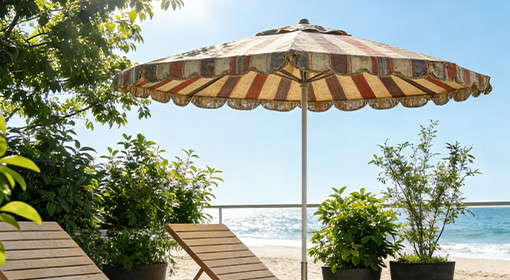 A well-maintained restaurant patio with clean commercial patio umbrellas providing shade for guests.