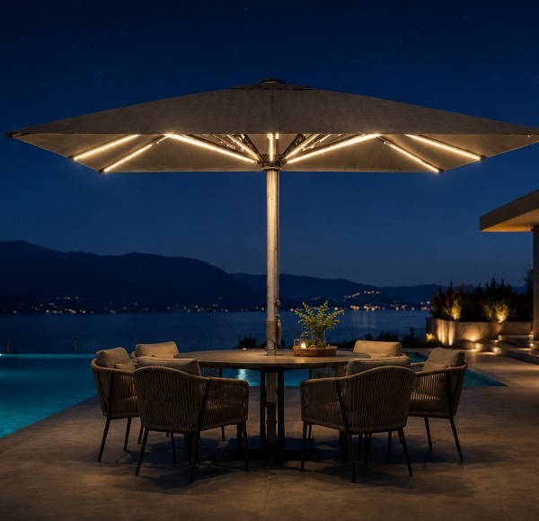 FHUM103 Premium Commercial Center Pole Umbrella | 4x4m Anodized Aluminum Outdoor Patio Umbrella with LED