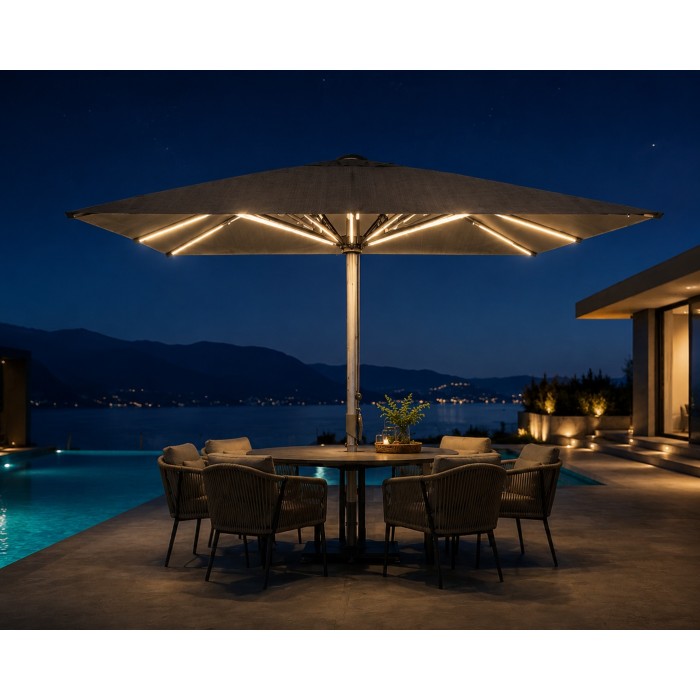 FHUM103 Premium Commercial Center Pole Umbrella | 4x4m Anodized Aluminum Outdoor Patio Umbrella with LED