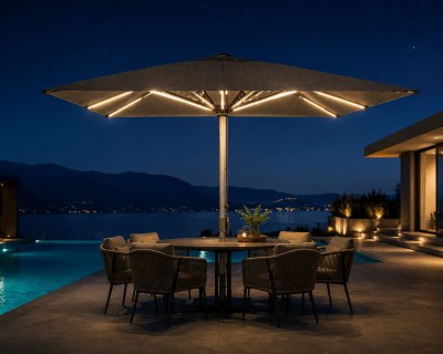 FHUM103 Premium Commercial Center Pole Umbrella | 4x4m Anodized Aluminum Outdoor Patio Umbrella with LED