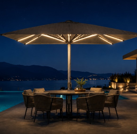 FHUM103 Premium Commercial Center Pole Umbrella | 4x4m Anodized Aluminum Outdoor Patio Umbrella with LED