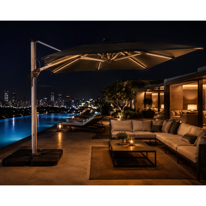 FHUM042(M) Premium Cantilever Roman Umbrella | 360° Rotation 5-Level Height Adjustable Side Post Outdoor Umbrella with LED