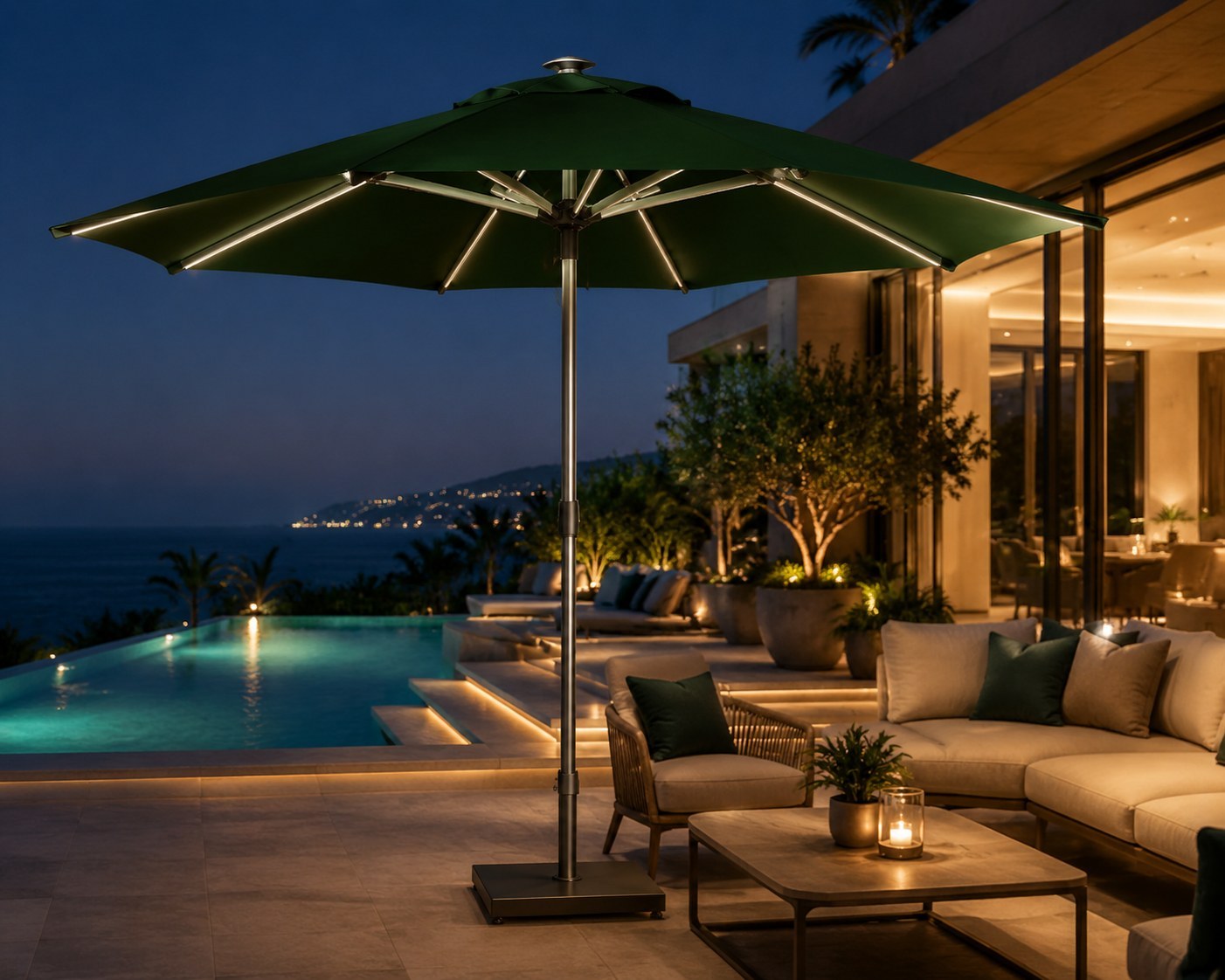 FHUM104 Roman center pole outdoor umbrella with LED lighting in a luxury resort patio at night