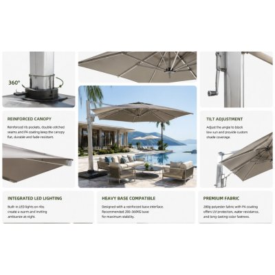 Square Cantilever Patio Umbrella 360° Swivel Aluminum Frame Commercial Parasol